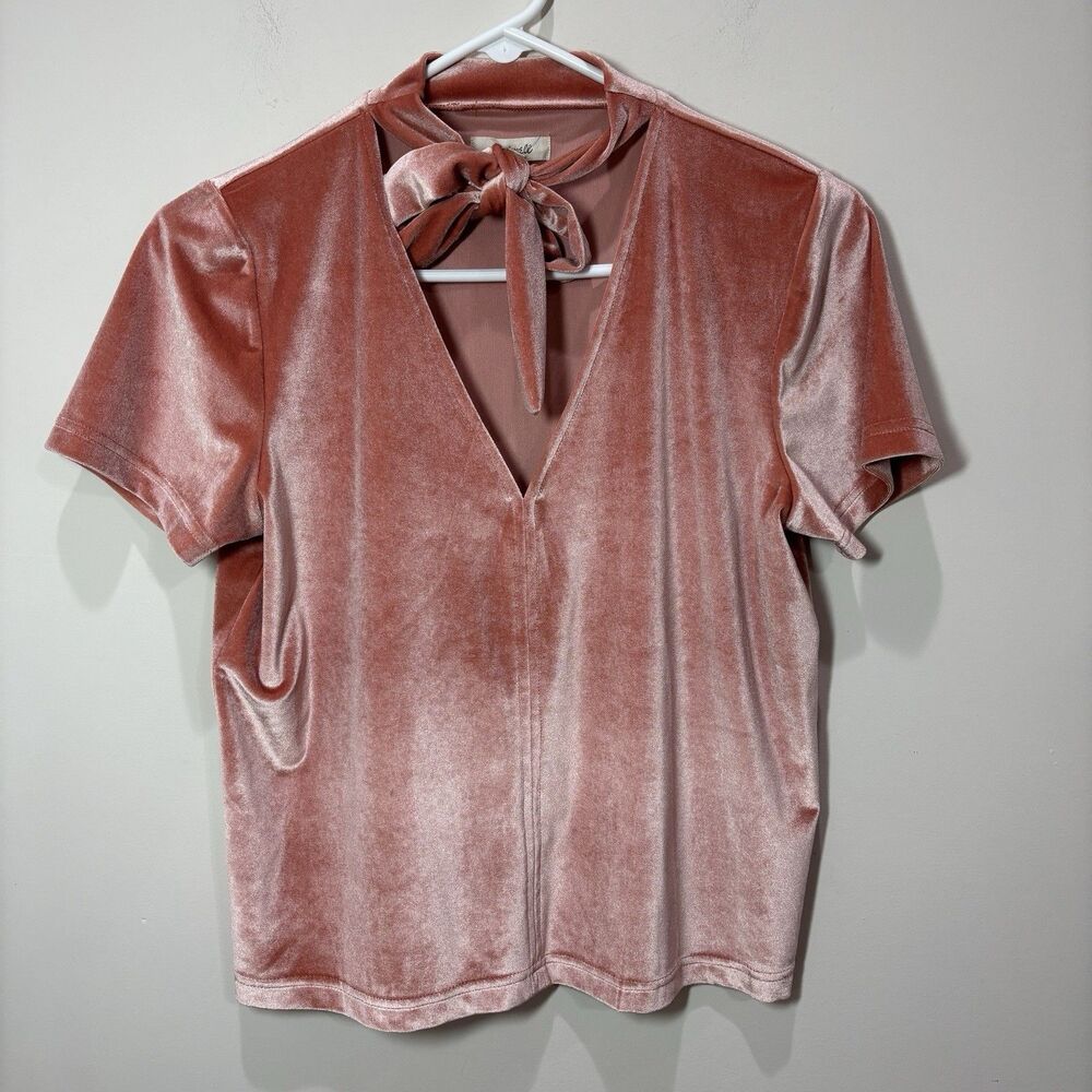 Madewell Velvet Tie Neck Top Women M Peachy Coral Pink Preppy Romantic - Picture 1 of 9